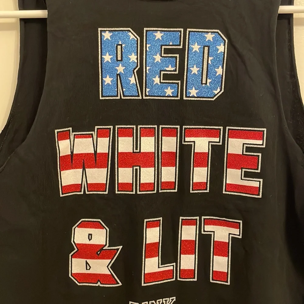 NWOT Victoria’s Secret PINK Muscle Tank Black "Red White & Lit" 100% cotton- XS - Picture 6 of 7